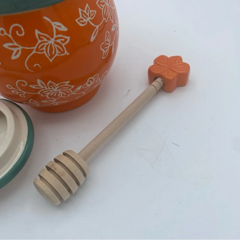 Temptations by Tara honey pot jar 16 Oz orange floral lace w/ drizzle stick
